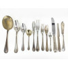 <p>Remanescente de faqueiro com 120 pe&ccedil;as de prata francesa, t&iacute;tulo 950 (pun&ccedil;&atilde;o Minerva 1&ordm; T&iacute;tulo). Design neocl&aacute;ssico Belle &Eacute;poque com cabos canelados e arremates crois&eacute;. Marca de ourives em cartucho losangular. Facas com cabos em prata e l&acirc;minas em a&ccedil;o inoxid&aacute;vel. Peso 6.700 g (bruto)</p>
