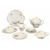 <p>Aparelho de chá com 23 peças de porcelana Chodziez, made in Poland, com decoração floral policromada e frisos dourados, contendo: 1 bule com tampa, 1 açucareiro com tampa, 1 mantegueira com tampa, 1 leiteira, 1 prato para bolo, 6 pratinhos para bolo (1 bicado) e 6 xícaras de chá com seus pires</p>