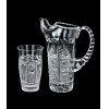<p>Conjunto de cristal europeu lapidado, com 10 copos e 1 jarra de borda trabalhada</p>