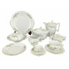 <p>Conjunto de chá e café, de porcelana Royal Epiag, Czechoslovakia, com 54 peças, sendo: 7 xícaras de café com seus 7 pires, 11 xícaras de chá com seus 11 pires, 12 pratos de sobremesa, 1 prato de bolo, 1 mantegueira, 1 bule com tampa, 1 chaleira com tampa, 1 açucareiro com tampa e 1 leiteira. decoração floral com filete dourado nas bordas</p>