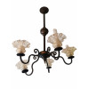 <p>Lustre de teto em ferro fundido, com cinco braços curvos e cinco cúpulas em vidro fosco moldado, decoradas com bordas onduladas - 80 cm alt - No estado.</p>