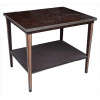 <p>Mesa lateral de madeira, tampos dois andares, detalhe superior do tampo de metal, pernas com resquício de patina. alt. 60 x 70 x 55cm. Séc. XX</p>