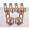 <p>Jogo de 06 cadeiras de madeira nobre, espaldar com detalhes recortados e fenestrados em forma de lira, assentos com percintas de couro natural animal ( algumas percintas no estado ). Alt. 93 x 39 x 37cm cada. Brasil, início séc. XX</p>