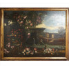 <p>Quadro de artísta anônimo da escola europeia, Flores e Paisagem, OST. 106 x 137cm. (m.i). Itália Séc. XVIII.</p>