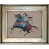 <p>Quadro oriental representando figura de guerreiro à cavalo, técnica mista sobre tecido, 33 x 40cm (m.i). Início século XX.</p>