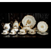 <p>PORCELANA MAUÁ, Jogo de chá e café sem uso, porcelana esmaltada e dourada, decorada com cena idílica, contendo 12 xícaras de chá com pires, 11 xícaras café com pires, 12 pratos para bolo, 01 centro mesa, 02 bules, 01 leiteira, 01 cremeira e 01 açucareiro. (falta uma xícara café)</p>