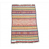 <p>Tapete kilim norte-africano, decoração geométrica em faixas multicoloridas com losango central expandido e preenchimento microgeométrico, campo com tonalidades predominantes em bege, vermelho e azul-claro, composição linear simétrica com ornamentos triangulares estilizados, 235 x 145 cm = 3,41 m²</p>