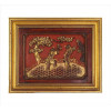 <p>Talha oriental de madeira dourada, representando figuras em cena de pátio, verso com selo de exportação do governo chinês. 32 x 39cm (total c/ moldura).China, séc. XIX</p>
