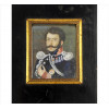 <p>Miniatura pintada sobre placa de marfim representando figura de D. Pedro I, 06 x 05cm. (m.i). Brasil, séc. XIX</p>
