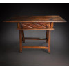 <p>Mesa rústica de madeira nobre, pernas retas, tampo retangular, contém uma gaveta central com detalhes almofadados e puxadores torneados. Alt. 79 x 122 x 59cm. Brasil,séc. XIX</p>