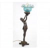 <p>Luminária de petit-bronze patinado, estilo Art-Deco, representando figura feminina, manga de vidro na tonalidade azul. Alt. 49 x 15 x 09cm. Séc. xX</p>