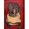 FARNESE DE ANDRADE - Bules a mesa - Óleo sobre cartão - 70 x 50 cm - assinado no verso 1985