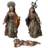 <p>Presépio composto por três imagens em madeira, sendo: São José com seu resplendor em prata de lei da mesma época, Nossa Senhora com sua coroa em prata de lei e Menino Jesus. Peru, século XVIII. 46 cm (São José e Nossa Senhora) e 31 cm.</p>