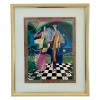 <p>LEA: Fantasia art deco. Poster, x cm. Assinado: Lea. Sobre um piso em xadrez, numa varanda junto a luxuriante vegeta&ccedil;&atilde;o, tendo em segundo piano nesga de mar sob a luz do luar, duas esguias mulheres confabulam.&nbsp;</p>