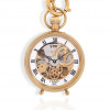<p>Tissot - Reversível em relógio de mesa. Caixa de metal com acabamento em ouro amarelo. Cerca de 49mm de diâmetro. Movimento com corda e ajuste pela coroa (stem-set). Mostrador com movimento aparente (esqueleto). Fabricado na Suíça. Acompanha estojo e corrente de metal com acabamento em ouro amarelo. Obs. Sem uso.</p>