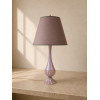 <p>Elegante abajur em vidro de Murano, em tonalidade rosada iridescente, com fuste esguio e base decorada por elementos canelados em relevo. Altura da peça: 56 cm. Medida total com cúpula: 98 cm de alt.; 44 cm de diâm.</p>