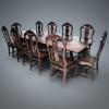 Mesa de jantar Dom José I, jacarandá da Bahia, século XIX. Para 10 convivas. Delicado folhamento em radica no tampo e fina talha, assentos das cadeiras em couro pirogravado. Medidas da mesa: 81 x 296 x 109 cm. Medida das cadeiras: 118 x 57 x 47 cm.<br />O estilo D. José I, no âmbito da mobília portuguesa, segue a última fase do D. João V, sofrendo influência do rococó francês, com a adoção definitiva de rocalhas. Fundiram-se às influências francesas as formas inglesas de derivação rococó, o estilo Chippendale, associadas a elementos tipicamente portugueses. A talha tornava-se, agora, menos profunda e reservada a alguns pontos da peça, em contraste com o aspecto liso e vazio de partes inteiras; desapareciam as amarrações das travas das pernas da mobília, que ganhava agora pernas inteiriças em suave cabriolê, dotadas de um aspecto esguio e de joelheiras pouco acentuadas. Surge uma grande variedade de cadeiras, de espaldares mais baixos e largos, de assentos mais baixos e, ainda, as cadeiras de canto (TILDE CANTI, o móvel do séc. XIX no Brasil , 1980).