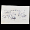 SYLVIO PINTO (1918-1997)<br />Guindastes, armazens do porto.<br />Caneta esferográfica azul.<br />MED: 11 X 16