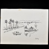 SYLVIO PINTO (1918-1997)<br />Casario, coqueiros e barcos refletidos na água.<br />MED: 16 X 22
