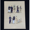 <p>JOS&Eacute; WASTH RODRIGUES (S&atilde;o Paulo, 1891 - Rio de Janeiro, 1957) 32x23 cm. Aquareladas &agrave; m&atilde;o ESTAMPA N. 115 &mdash; CA&Ccedil;ADORES A PE&mdash;1866 a 1870: Alferes, uniforme de meia marcha; Coronel, pequeno uniforme; Soldado, idem; Idem. ESTAMPA N. 116 - ENGENHARIA &mdash; 1865 a 1871: Alferes, pequeno uniforme (1866); Soldado, idem, mesma data; Sargento, idem, mesma data; Soldado, idem (1871); Soldado, idem, mesma data. Impresso em Paris, ano 1922:A. FERROUD. - F. FERROUD, Succ. 127, Boulevard Saint German, 127. Um exaustivo e valoroso trabalho consagrado como um dos maiores cl&aacute;ssicos relacionados ao tema. Rar&iacute;ssima obra da qual foram editadas apenas 500 unidades e aquareladas &agrave; m&atilde;o. A Cole&ccedil;&atilde;o Iconogr&aacute;fica Uniformes Militares comp&otilde;e o Arquivo Hist&oacute;rico do Museu Hist&oacute;rico Nacional. O pintor Jos&eacute; Wasth Rodrigues foi um grande historiador e estudioso da arquitetura colonial no Brasil. Seus estudos do in&iacute;cio do s&eacute;culo 20 foram incorporados ao livro &ldquo;Document&aacute;rio Arquitet&ocirc;nico&rdquo;, no qual o autor se dedica &agrave; complexidade do patrim&ocirc;nio nacional. Publicado pela primeira vez em 1940, o estudo re&uacute;ne uma s&eacute;rie de elementos que podem ser vistos tamb&eacute;m nas obras do acervo do Museu do Ipiranga.</p>