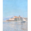 <p>CASTAGNETO (1851–1900) – Fase TOULON -O/S/T,- Barcos no cais, composição paisagística de temática marinha. Pintor italiano radicado no Brasil, referência fundamental da paisagem brasileira do final do século XIX, especialmente na representação do litoral e da vida portuária. Ass. CID. 40 × 32 cm.</p>