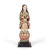 <p>Arte sacra, nossa senhora executada em marfim de Goa sobre base de madeira com rica policromia, e detalhes em dourado. - Sec XVIII - 16 cm alt</p>