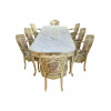 <p>Mesa de jantar em madeira, com tampo de mármore, e oito cadeiras estofadas em tapeçaria. 76 cm de alt.; 225 x 102 cm.</p> <p>Mesa de jantar em madeira, com tampo de mármore, e oito cadeiras estofadas em tapeçaria. 76 cm de alt.; 225 x 102 cm.</p>