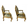 <p>Par de poltronas em madeira entalhada e dourada, com estofamento em tapeçaria representando casal. 114 x 70 x 70 cm.</p> <p>Par de poltronas em madeira entalhada e dourada, com estofamento em tapeçaria representando casal. 114 x 70 x 70 cm.</p>