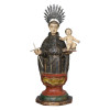 <p>Santo Antonio, do Pau Oco - Brasil, Século XVIII. Imagem três quartos de corpo de madeira entalhada e policromada, representando Santo Antonio em sua ionografia tradicional, hábito franciscano preto, com Menino Jesus sobre livro e cavidade circular no peito, destinada a relicário. Na parte posterior cavidade vertical, encerrada por tampa móvel. O todo sobre peanha almofadada e escalonada e base octogonal; 36,2 cm de altura total, com o replendor metálico 5 cm. Em substituição ao lirio, seu atributo natural, encontra-se uma cruz metálica. Imagens do pau oco, no Brasil Colonial, eram usadas em muitas ocaiões para camuflagem de valores, ouro, pedras preciosas, dentre outros. Por serem imagens sacras não despertavam suspeitas, facilitando a fuga e não pagamento dos pesados impostos cobrados pela Coroa Portuguesa o Quinto, 20% sobre a extração mineral, transitando normalmente, quer no interior do país ou quando enviadas para fora. Em algumas ocasiões também utilizadas, por famílias abastadas, como cofre.</p>
