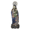 <p>Nossa Senhora Com Menino. Madeira Policromada - India Portuguesa, século XVI/XVII. Escultura de madeira policromada representando Nossa Senhora com Menino. Ela de pé e descalça sobre nuvem, cabelos longos encobertos por manto azul de interior rosé, com delicados movimentos, que se alonga até os pés. Túnica verde profusamente ornada com elementos florais. Rosto pulcro, olhar fixo no horizonte, segurando com ambas as mãos Menino Jesus com esfera armilar na mão esquerda e a direita em posição de benção; 93 cm de altura total, com resplendor de 12 cm de altura. Apresenta rachadura vertical.</p>