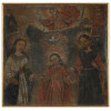 <p>Pintura Hispano Americana. Cena da Sagrada Família encimada ao centro pelo Pai Eterno e o Divino Espírito Santo que projeta raios sobre o Menino. Óleo sobre tela, 56 cm x 58 cm. América Espanhola, séc. XVIII.</p>