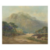 <p>Gastão Formenti. Estrada Imperial. Óleo sobre tela, 46 cm x 55,5 cm. Assinado e datado no canto inferior esquerdo: Gastão Formenti / 1950. No reverso inscrições: Estrada do Interior ..... / Gastão Formenti / 1940 e dedicatoria, parcialmente legível. Apresenta pequeno rompimeno de tela, no meio à esquerda.</p>