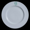 <p>Prato de porcelana alemã, na aba o monograma CJ entrelaçado em verde, no reverso marca Pirkenhammer e selo de coleção; 24 cm de diâmetro. Alemanha, séc. XIX.</p>