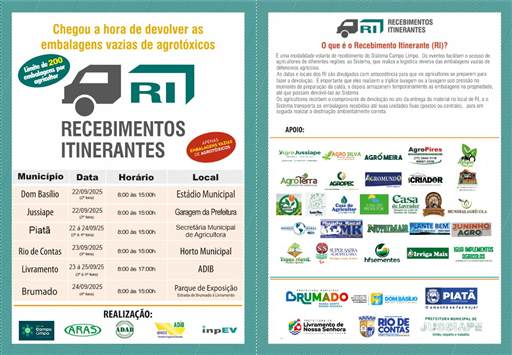 Produtores rurais têm oportunidade de devolver embalagens vazias de agrotóxicos em Recebimentos Itinerantes na região