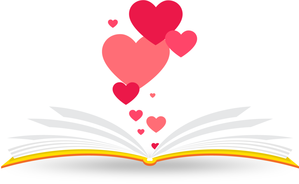 Livro ou caderno aberto, com corações saindo a partir dele