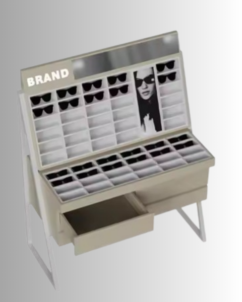 Gabinete Expositor de Óculos em Acrílico com Prateleiras de Vidro e Design com Fechadura