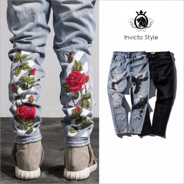 Calças homem de estilo  Rasgadas e floral