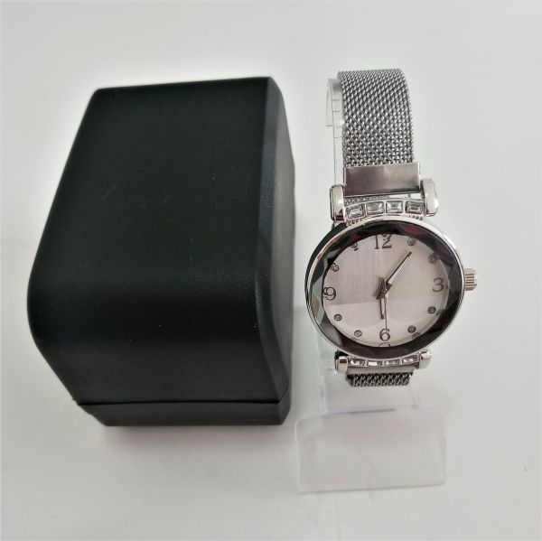 Relógio Femino Pulseira Magnética Prata Glitter