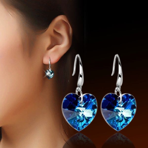 moda feminina brilhante gancho de orelha de prata chic azul de cristal strass brincos