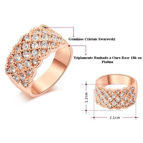 Anel Feminino Banhado Ouro Rose 18k Cravejado de Cristais Austríacos Swarovski Mais Estojo de Veludo