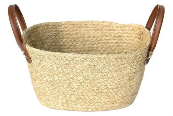 Cesto oval  de fibra natural c/ alça de couro
