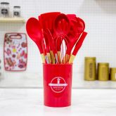 Kit Utensílios Cozinha Silicone Cabo Madeira 12 Peças