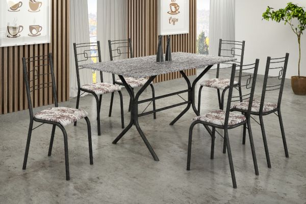 7312.171.7.62 Conjunto Mesa Paraty 140x75 Martelado Tmp Indiana Preto com 6 Cds Martelado.Primavera
