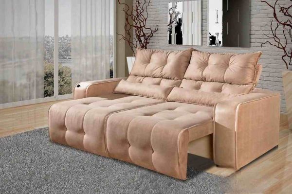 Estofado Retratil Reclinavel Minas 200 2x100 Veludo Suede Bege 512 Decorar Estofados