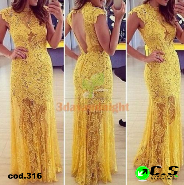 vestido de gala amarelo com renda