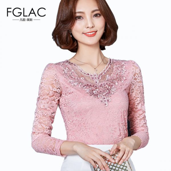 Blusa Feminina Casual Outono Manga Longa Renda Diamantes