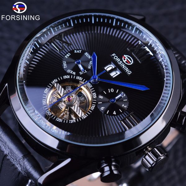 Relógio Masculino Mecânico Pulseira De Couro Preto De Luxo
