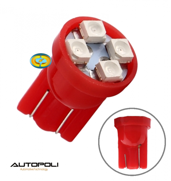 Lâmpada T10 Pingo Vermelho 4 Leds 12V 1.8W Autopoli Par - CD5275