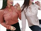 Camisa Feminina  Em Renda Coração Crepe Manga Longa