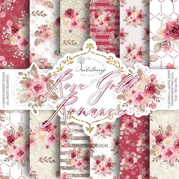 Kit papeis Florais aquarela premium rosa e dourado romantico